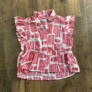 Jodifl Red White Ruffle Sleeve Button Front Peplum Top Women’s Large